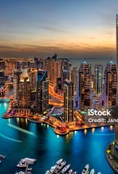 Dubai Marina from a high view showing the boats, sea, and the city scape.