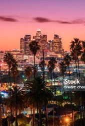 Beautiful sunset of Los Angeles downtown skyline and palm trees in foreground